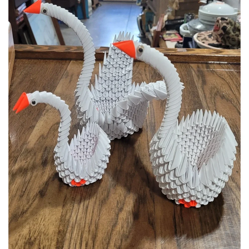 3 Handcrafted 3D Origami Folded Paper white  Swan Goose  Basket,  7